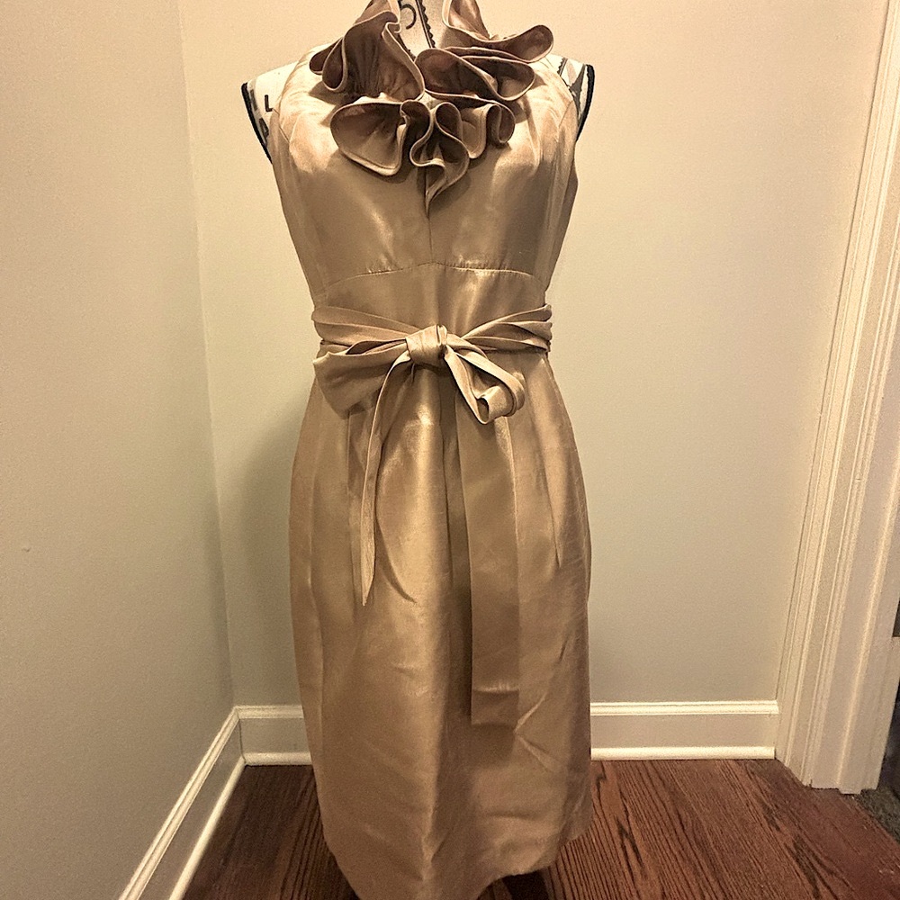 Evan-Picone Dress. Formal, Ruffles, belted. Gold color. Size 6